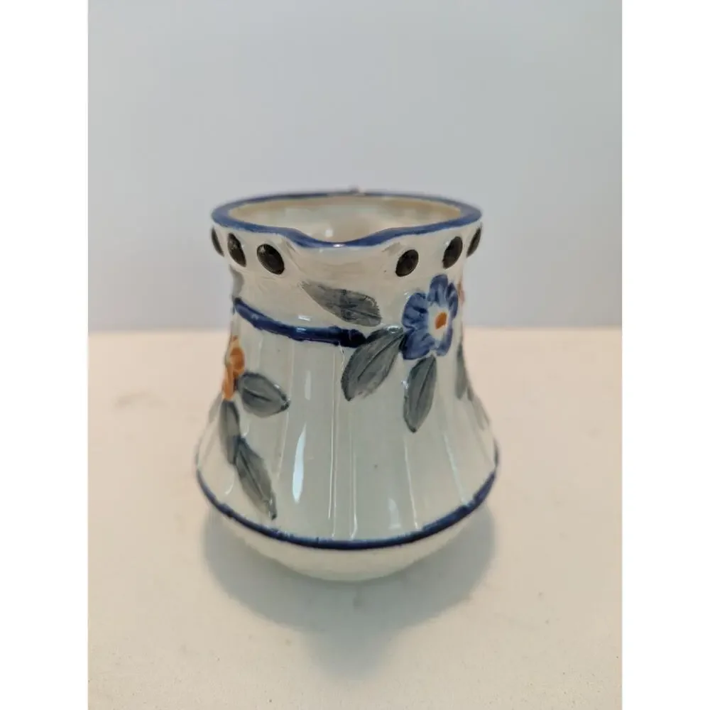 Vintage Japanese Pitcher Ceramic Creamer Hand painted Blue White Floral